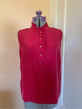 Talbots 100% Pure Silk Red Sleeveless Button Up Blouse Ruffle Neck Gold Buttons